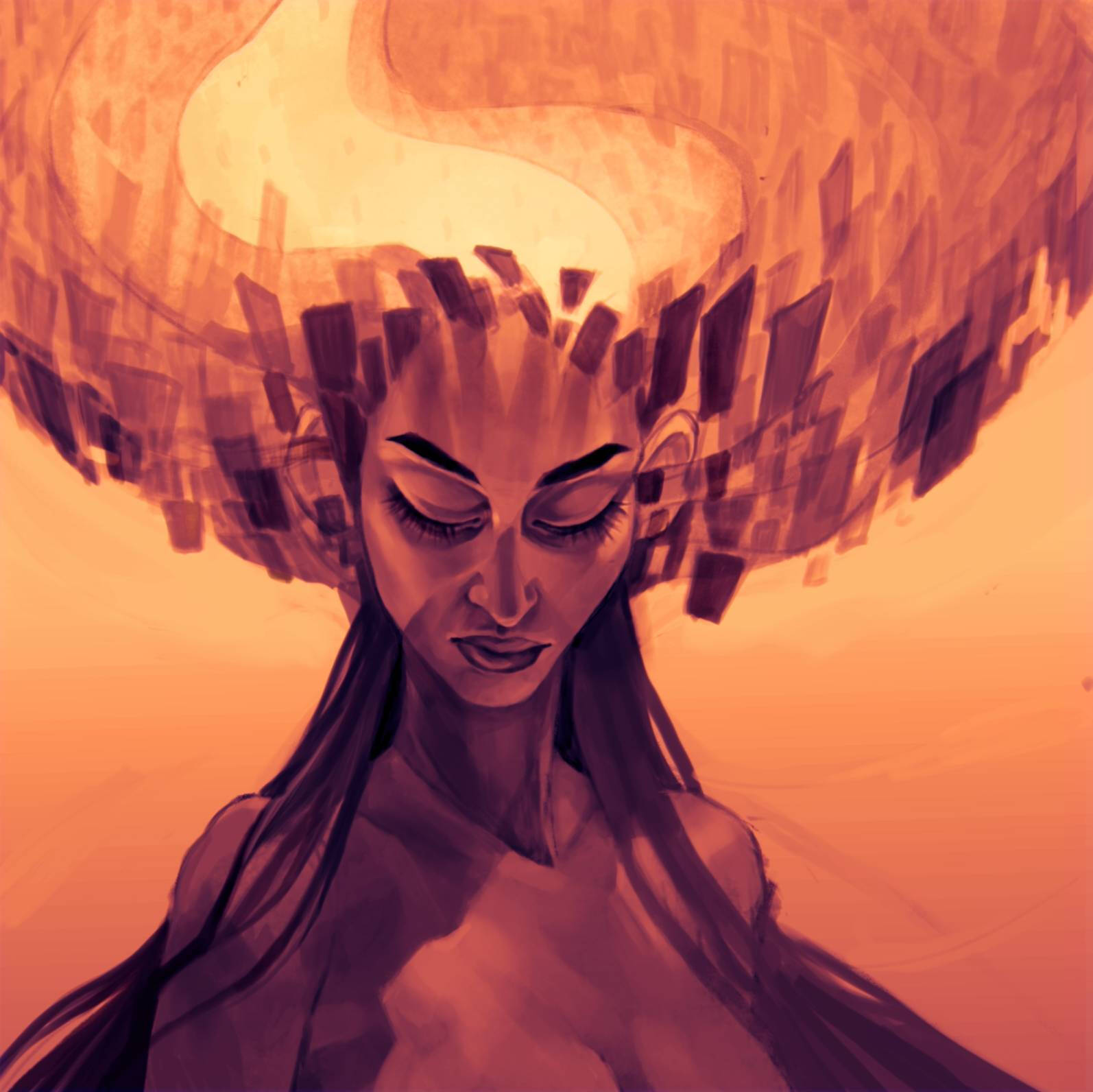 Digital painting of a woman with long hair, top of her head appears to be in flames.